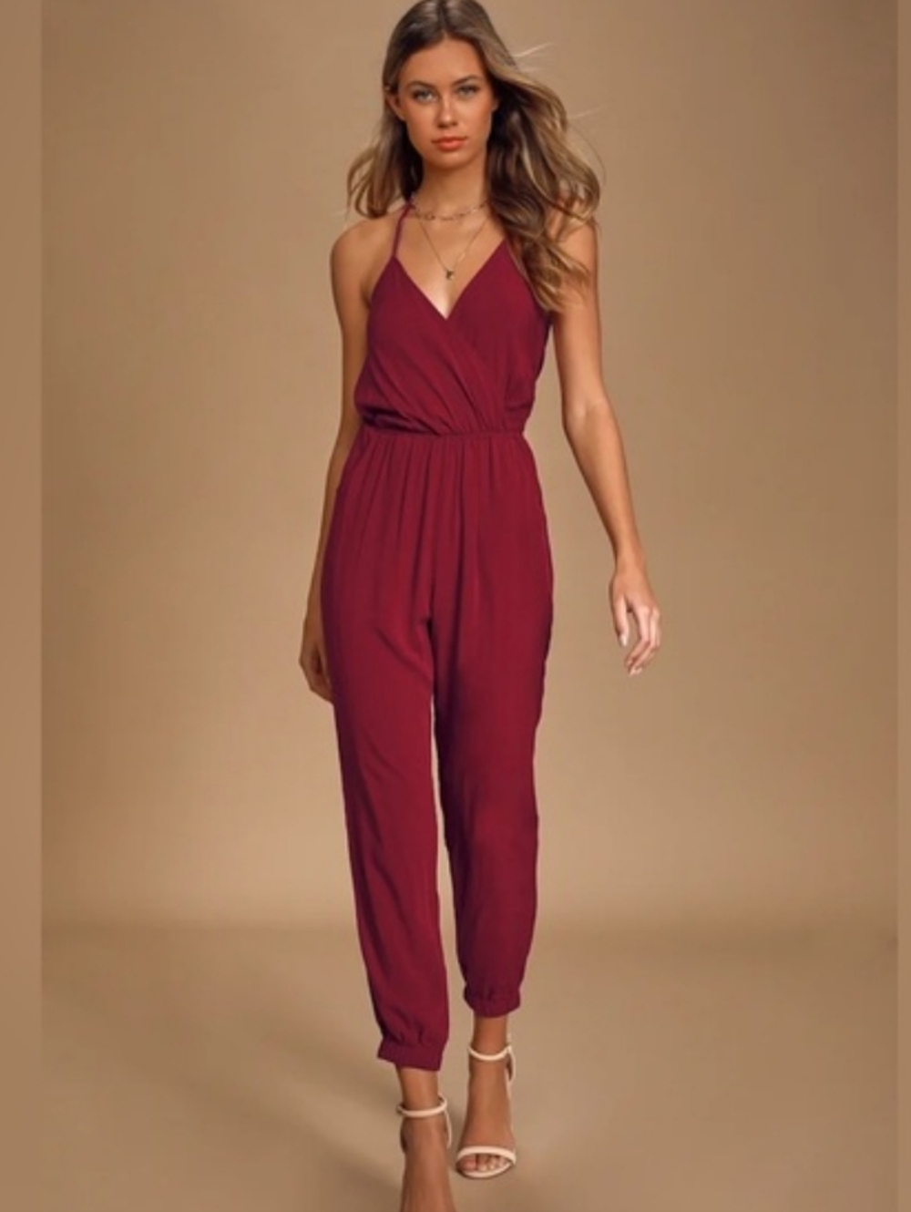 NWT Lulu's Burgundy Sleeveless Surplice Jumpsuit Rayon XS